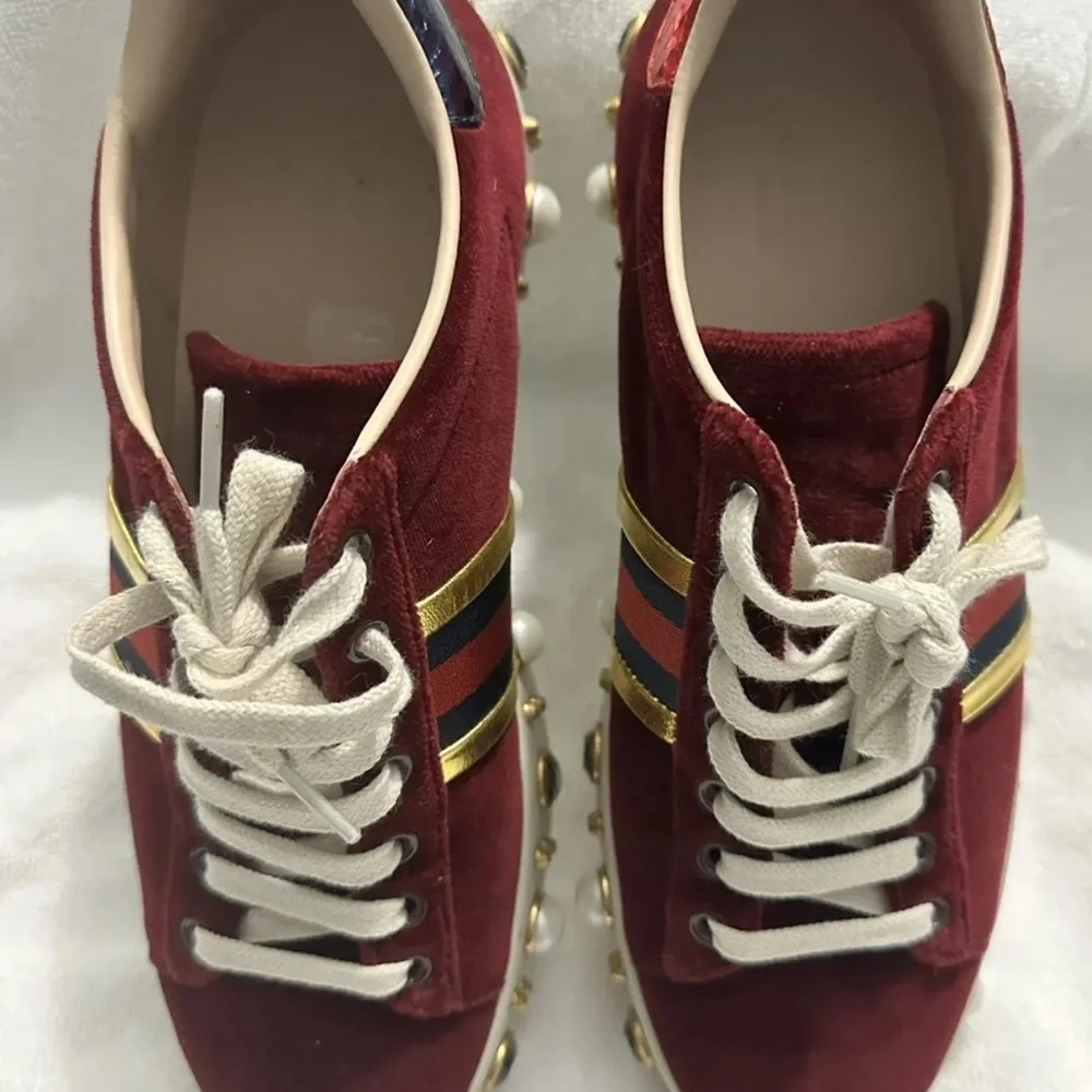 $1180 LkNEW GUCCI Burgundy Velvet New Ace Faux-Pearl Platform Sneakers RARE 37.5 - Picture 12 of 14